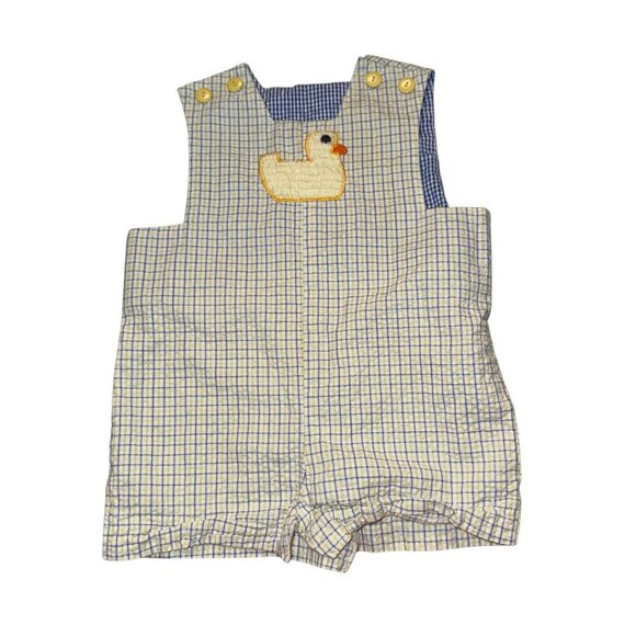 Kracker Jack Kids 9 Mo Baby Romper Yellow & Blue Plaid Duck Embroidery 100% Cott - Picture 1 of 3
